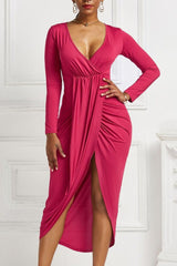 High-low Ruched Surplice Long Sleeve Dress-Strawberry-39