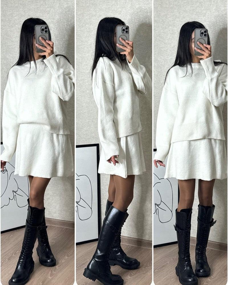 Women’s Sweater Skirt Set – 2-Piece Knit Outfit | Elegant Long Sleeve Pullover & High-Waist Mini Skirt-White-5