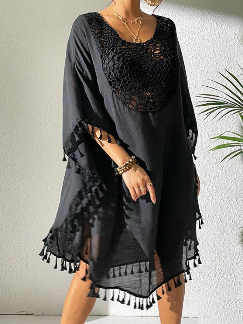 Tassel Cutout Scoop Neck Cover-Up Dress-16