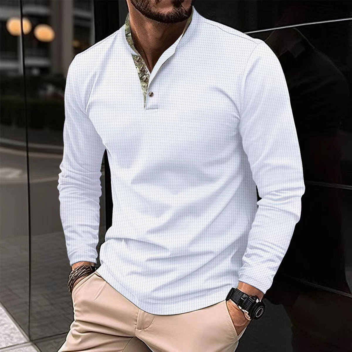 Men's Double Layer Lapel Polo Shirt | Fashion Waffle Long-Sleeved Top