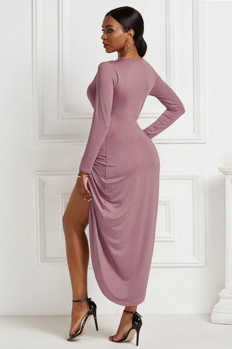 High-low Ruched Surplice Long Sleeve Dress-30