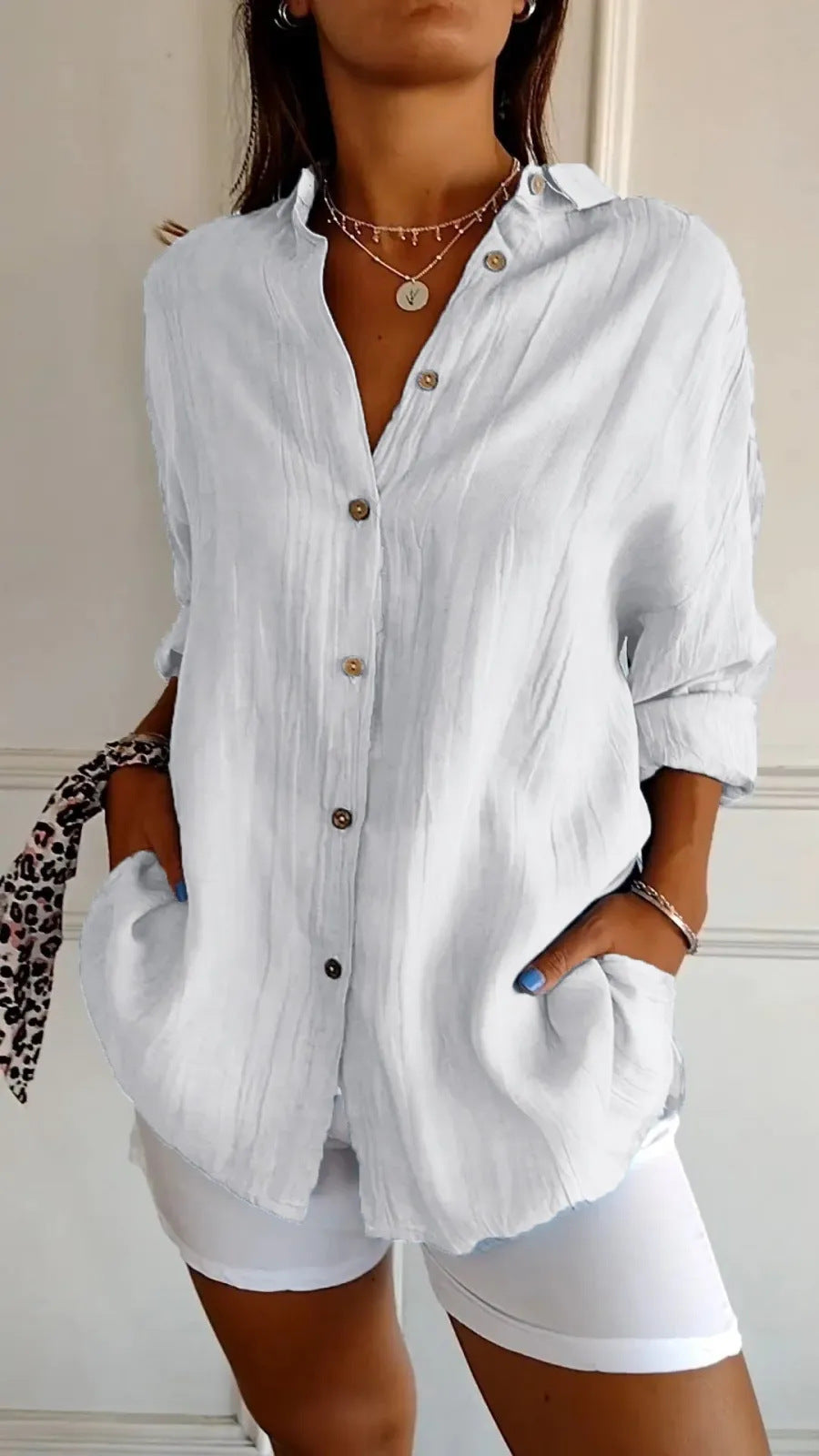 Elegant Women's Long Sleeve Pleated Shirt – Button-Up Blouse with Lapel Collar