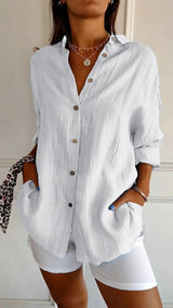 Elegant Women's Long Sleeve Pleated Shirt – Button-Up Blouse with Lapel Collar