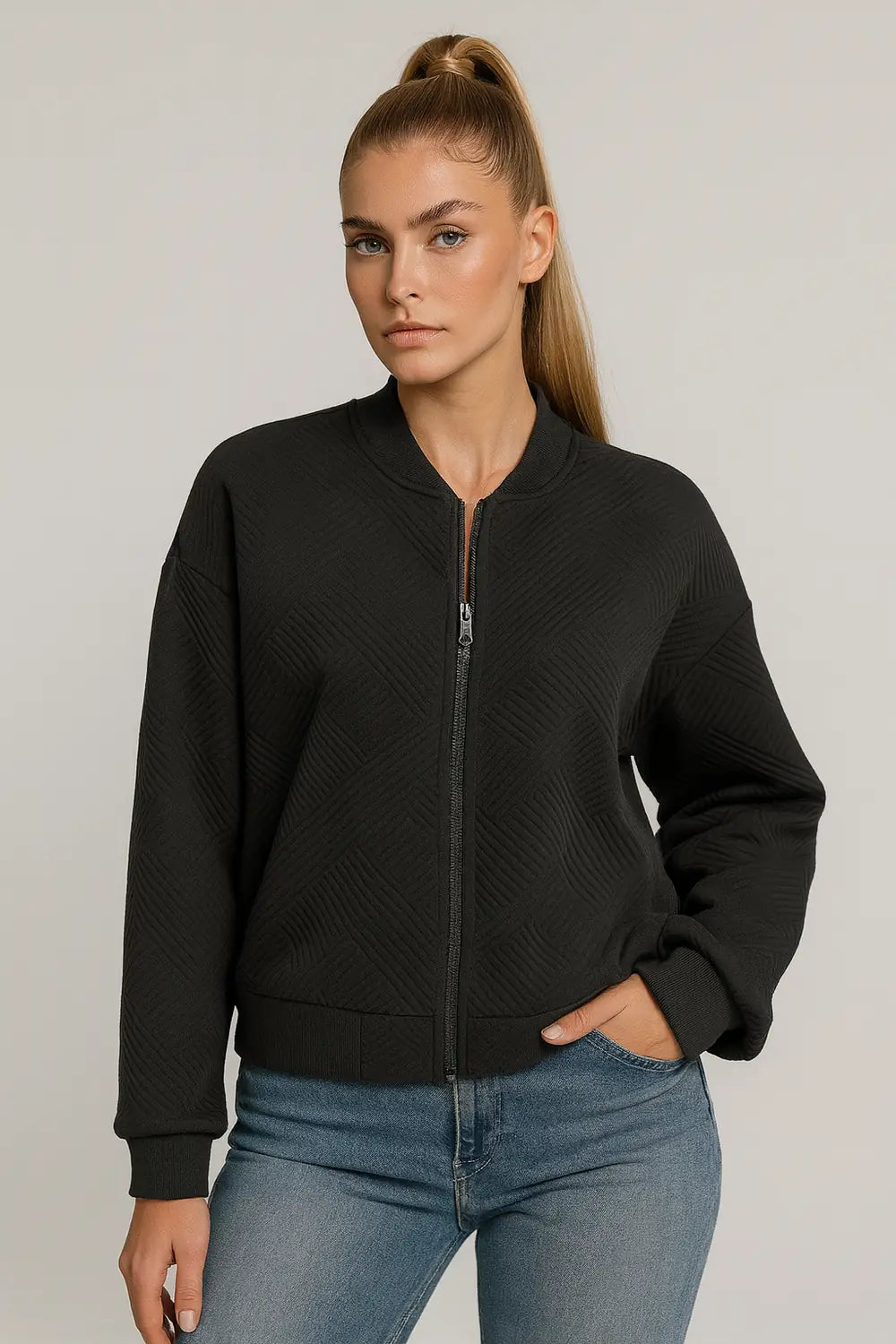 Women's black bomber jacket with quilted texture – casual streetwear style