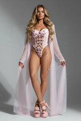 Elegant pink floral corset lingerie set for women - embroidered bodysuit with sheer robe
