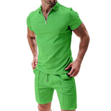 2Pcs Casual Waffle Suit Summer Zipper Lapel Short-sleeved Light Blue / 3XL-Green-7