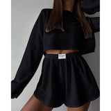 2pcs Women's Suit Long Sleeve Pullover Top And Shorts-Black-2