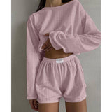 2pcs Women's Suit Long Sleeve Pullover Top And Shorts-Pink-4