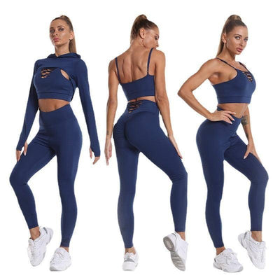 3pcs Sports Suits Long Sleeve Hooded Top Hollow Design Camisole And Butt Lifting High Waist Seamless Fitness Leggings Sports Gym Outfits Clothing-3