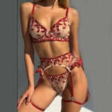 4 PCs Set Love Embroidered Mesh Lingerie Bra-Red-1