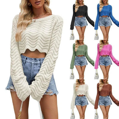 Acrylic Women's Sweater Solid Color Hollow Wave Pattern-1