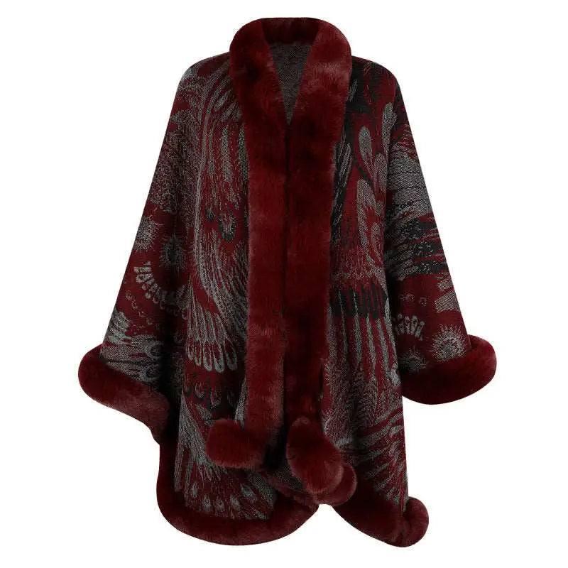 Aristolochia Ringens Knitted Cloak For Women Thickened Warm-Wine Red-5