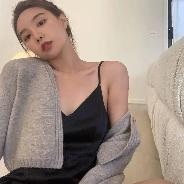 Autumn And Winter Korean Version Of V Neck Solid Color-3