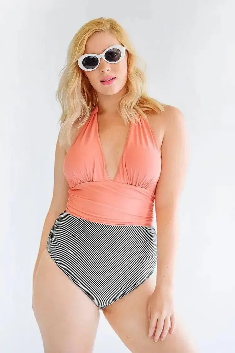 Bikini Deep V Cover Belly Swimsuit-Orange-3