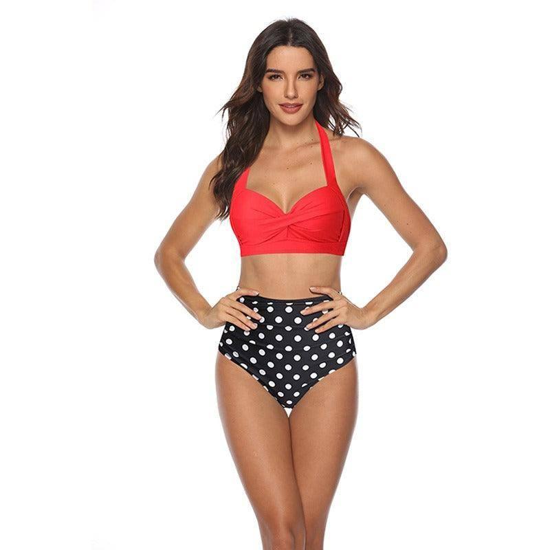 Bikini European And American High Waisted Printed Neck Strap-Red Cloth Dot-10