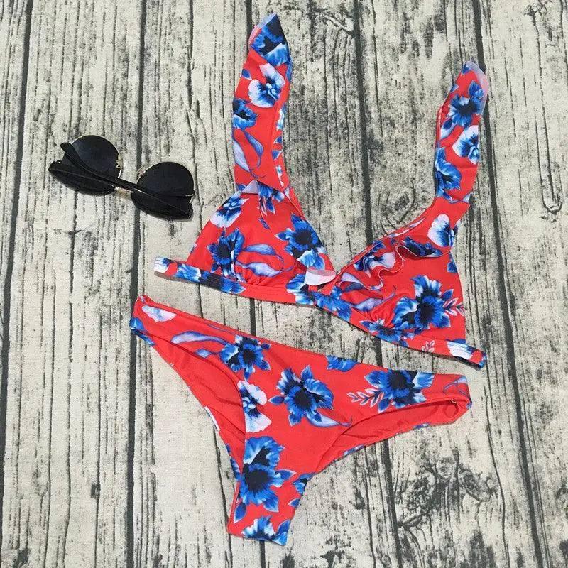 Bikini ruffle swimsuit-Red-4