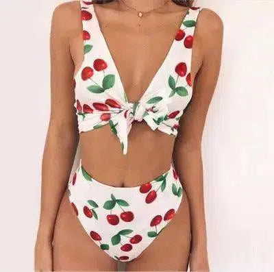 Bikini Split Swimsuit Cherry Print Swimsuit Lace-White-3