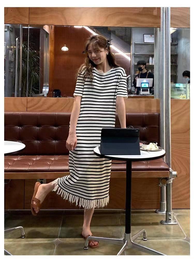 Black Knit Striped Dress Short Sleeve Women Dress maxi dress-5