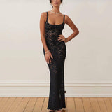 Black Lace Maxi Dress - Spaghetti Strap-Black-7