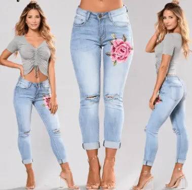 Blue low waist pencil Ripped embroidery jeans woman Stretch-2