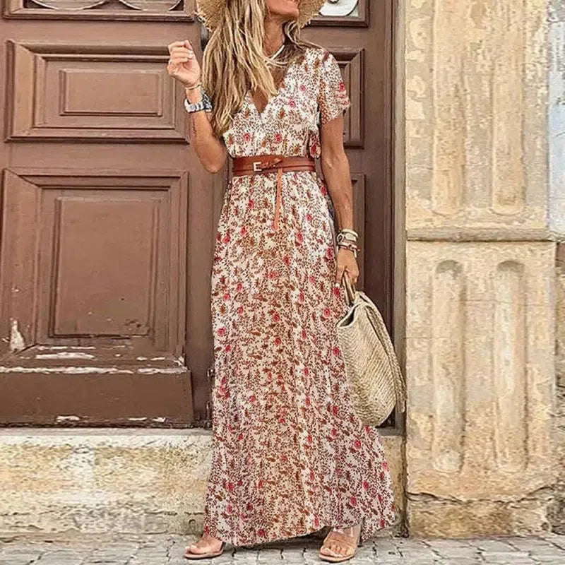 Boho V Neck Paisley Print Beach Long Dress with Belt - Embrace Summer in Style!-2