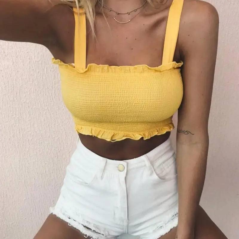 Bow Tie Strap Crop Tank Top Elastic Camis-Yellow-5