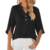 Button V-neck Mid-sleeve Chiffon Shirt Solid Color Top Womens Clothing-Black-2