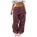 Casual Cargo Pants For Women Solid Color Drawstring Pocket-Wine Red-9