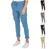 Casual Cargo Pants With Pockets Solid Color Drawstring Waist Pencil Trousers For Women-1