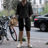 Casual Jacquard Suits Summer V-neck Short-sleeved T-shirt-Black-3