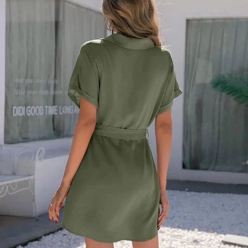 Casual Loose Single Breasted Shirt Dress Top Women's-Armygreen-3