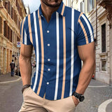 Casual Striped Printed Short Sleeve Shirt Summer Lapel-Navy Blue-5