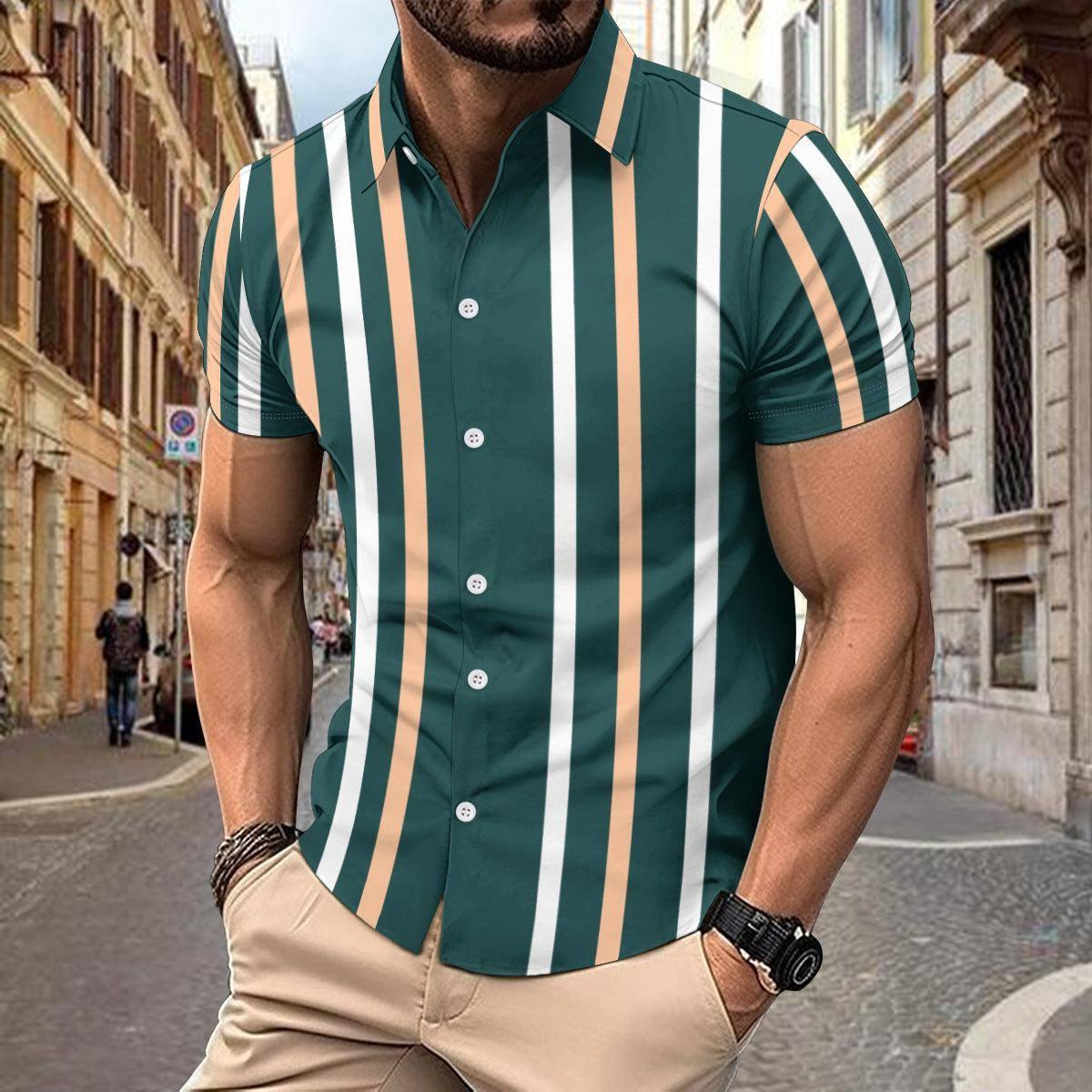 Casual Striped Printed Short Sleeve Shirt Summer Lapel-Olive Green-6