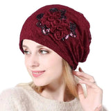 Casual Thin Lace Flower Pullover Hat-RoseRed-1