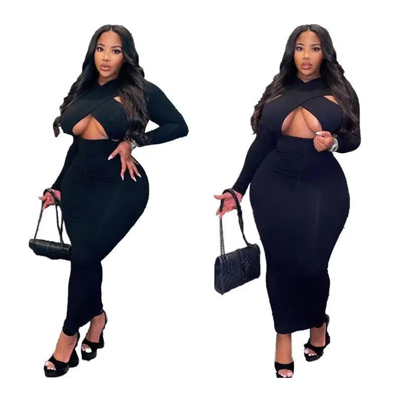 Plus Size Dresses Women Clothing Irregular Neck Clube Dress Bodycon Party Long Sleeve Midi Dress Dropshipping Wholesale-7