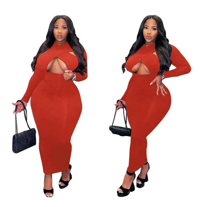 Plus Size Dresses Women Clothing Irregular Neck Clube Dress Bodycon Party Long Sleeve Midi Dress Dropshipping Wholesale-Red-8