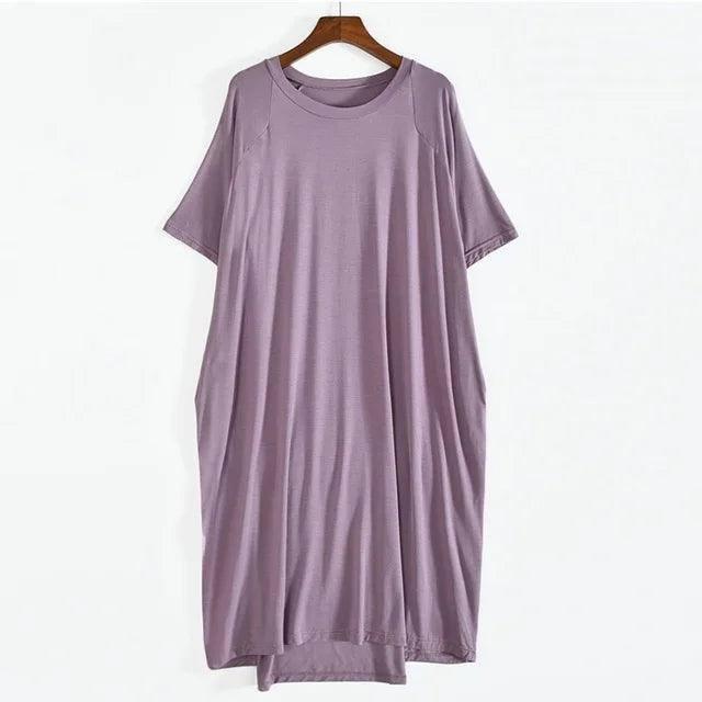 Plus Size 8XL 150kg Women Summer Modal Long Dress O Neck Short Sleeve Soft Comfortable Dresses Ladies Casual Large Home Dress-PURPLE-12