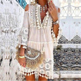 Chic Fringe Long Sleeve Dres-White-1