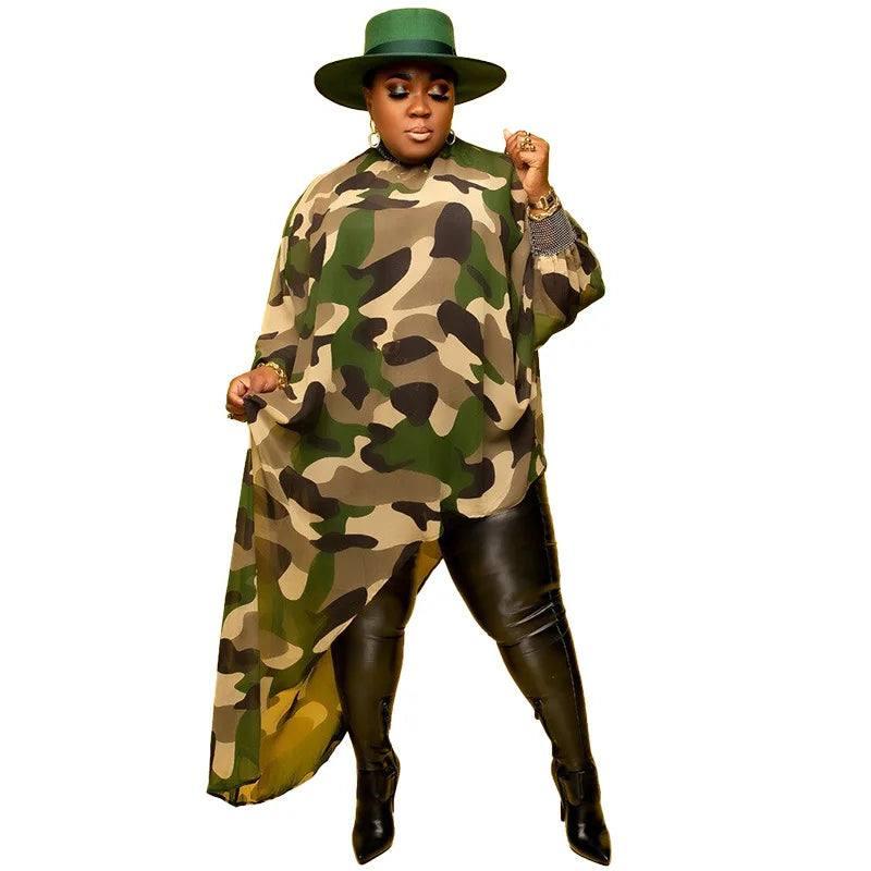 Chic Plus Size Camo Poncho & Faux Leather Pants-army green-9