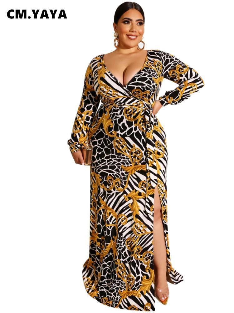 CMYAYA Plus size XL-5XL Autumn women fashion Print Sashes Long Maxi dress open Bodycon night Beach Casual dresses vestidos-1