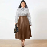 Plus Size Party Midi Skirt 2023 Autumn Women Solid Winter PU Leather Skirts Celmia Office Retro Long Skirts High Waist OL Skirt-Khaki-9