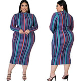 CM.YAYA Women Plus Size Dress Print Full Sleeve O-neck Zipper Stretchy Skinny Pencil Dresses Vintage Vestidos Autumn Outfit 2021-Striped-10