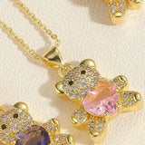 Copper Micro Inlaid Zircon Bear Love Gem Necklace-8