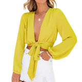 Chiffon Shirt V Neck Tie Bow Crop Top Women's-Yellow-8