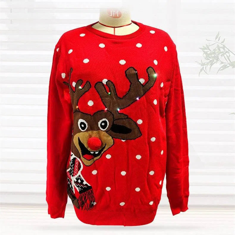 Christmas Elk Red Loose-fitting Knitted Sweater-1