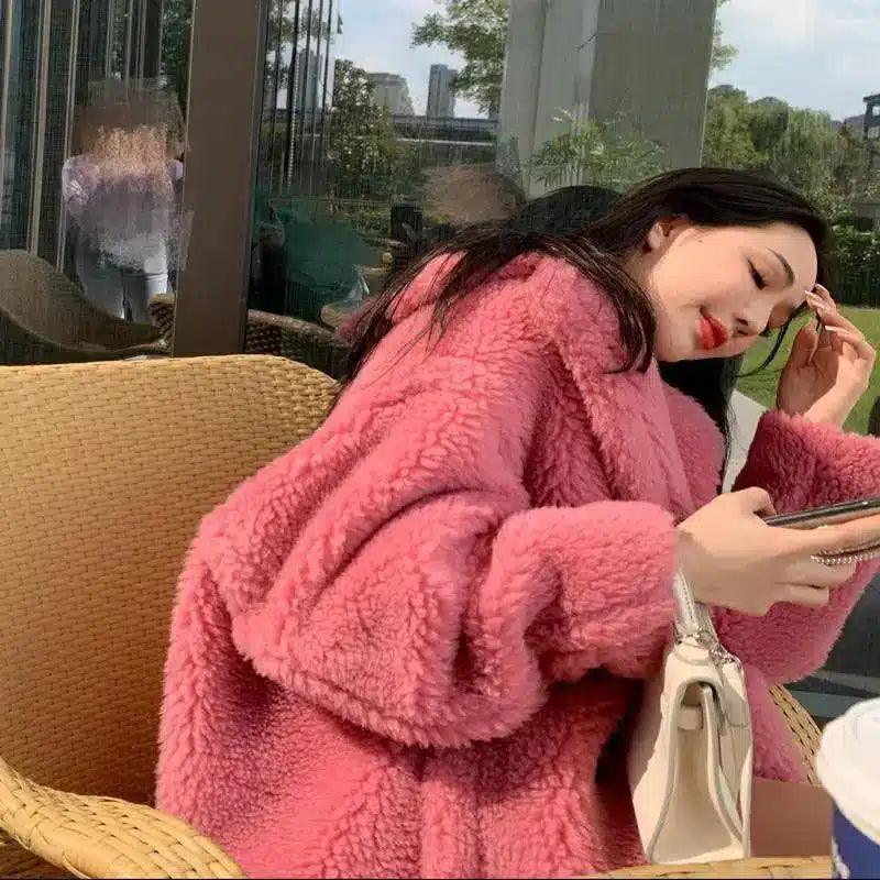 Coat Women's Wool Fur Profile Mid-Length Faux Fur-Pink-3