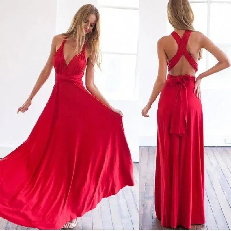 Convertible Wrap Maxi Dress - Red Boho Party Wear-21