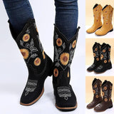 Cowboy Boots Women Sunflower Embroidery Shoes Low Heel-1