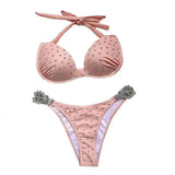 Crystal Diamond Bikini High End Triangle Strap Bikini-Pink-2