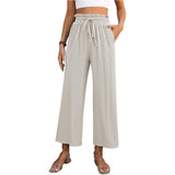 Drawstring High Waist Straight Pants Summer Casual Solid Beige / XL-Beige-2